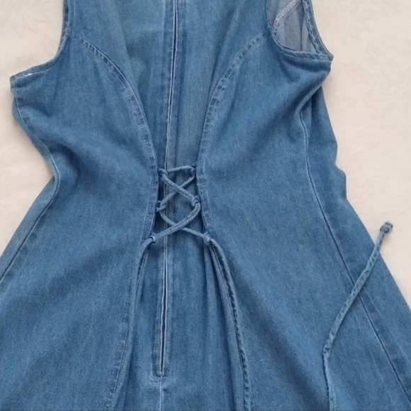 Vintage Denim Bell Maxi dress size 9 EUC Lace Up Back Pearl Buttons - Picture 6 of 11